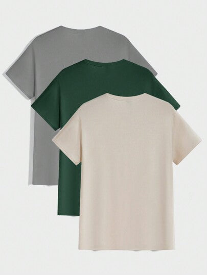 Manfinity ModaGents تي شيرت منسوج كاجوال بأكمام قصيرة بلون سادة لربيع وصيف