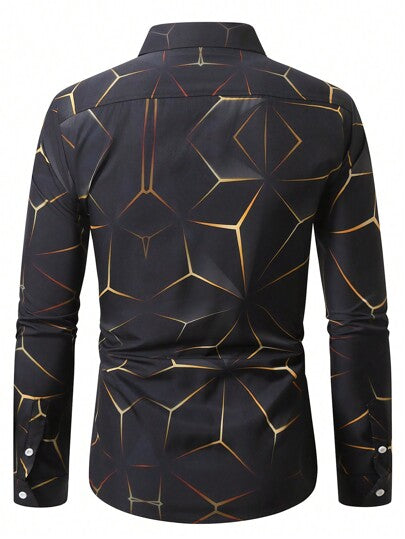Manfinity Homme قميص أسود للرجال بأكمام طويلة عارضة وقصة ضيقة بأزرار بطبعات هندسية لفصل الربيع للزوج