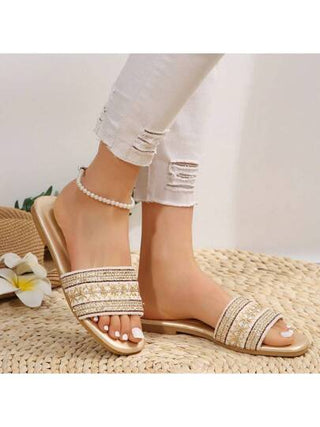 صنادل نسائية جديدة بنقشة فارغة سوداء مع نقشة الدانتيل والزهور لفصل الربيع/الصيف، بتصميم بسيط وعصري، سهلة الانتعال، مريحة وجميلة المظهر، مناسبة للاستخدام الداخلي والخارجي، سهلة الانزلاق بلونين أسود أو بيج