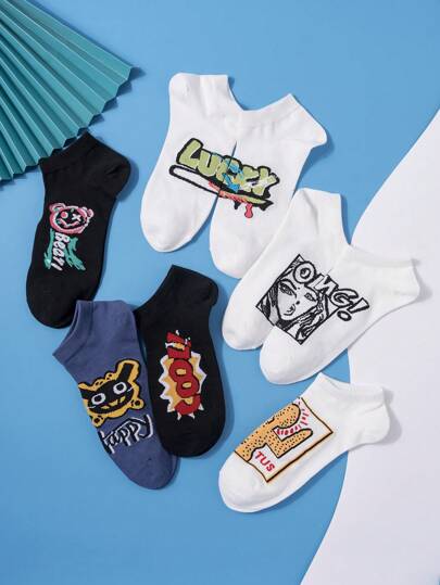 10 أزواج/توصيل عشوائي جوارب قصيرة للاستخدام اليومي بشخصية رجل كرتونية حروف ممتعة بنمط رقمي للشارع، للجيم