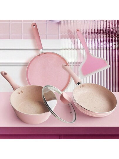 قطعة واحدة/3 قطع/5 قطع مجموعة أدوات الطبخ الوردية: مقلاة غير لاصقة ، قدر ، مقلاة للبان ، مناسبة لطعام الطفل ، مع ملعقة سيليكون