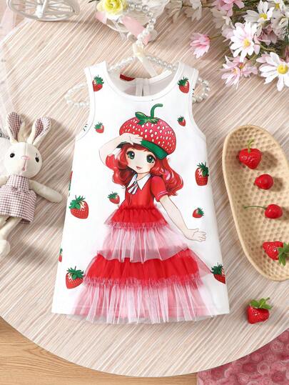 فساتين بيبي فستان أنيق بدون أكمام لطفلة صغيرة بطبعة فراولة لفصل الصيف