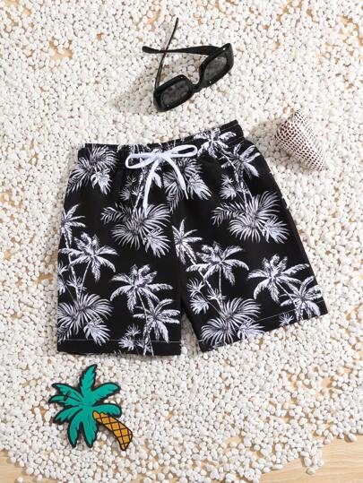 مايوه أولادي سراويل شاطئ بيضاء مطبوع عليها شجرة جوز الهند للفتيان الصغار للعب والسباحة في الشاطئ