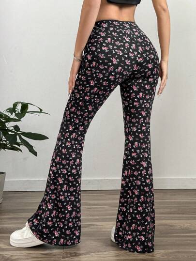 SHEIN EZwear سروال مطبوع بنقوش زهور بشكل متناثر مصنوع من الصوف محبوك لربيع وخريف، ملابس رمضان للنساء