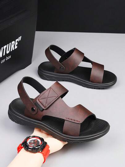 صنادل رجالية من الجلد الصناعي ، نعلًا بنيًا عارضًا للشاطئ والقيادة