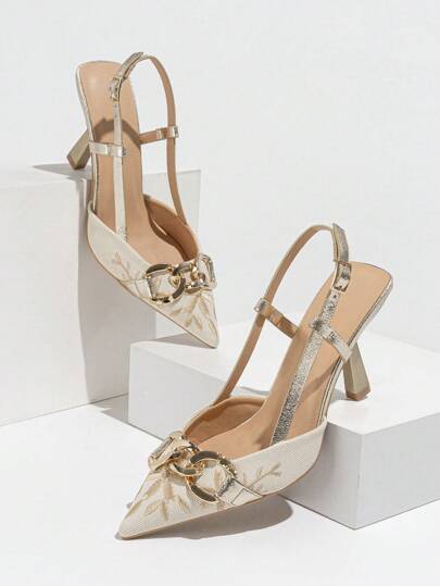 نساء صندل مفتوح الأصبع بشريط خلفي مطرز بالزهور ديكور السلسلة على الكعب العالي، أحذية صيفية أنيقة للاستخدام اليومي والعمل والحفلات والمناسبات الرسمية