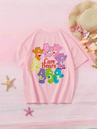 ملابس بناتي X Care Bears تي شيرت قطني فضفاض للفتاة في سن المراهقة برقبة دائرية وأكمام قصيرة بطبعة دب ألوان وحروف انجليزية