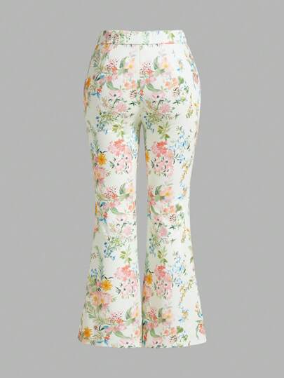 SHEIN MOD بنطلون مطبوع بنمط نباتي مناسب لجميع المقاسات، يتميز بقصة ضيقة واسعة