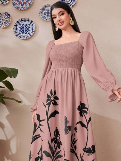 Mulvari فستان نسائي عنق مربع أكمام فانوس زهري للعطلات الربيعية / الصيفية