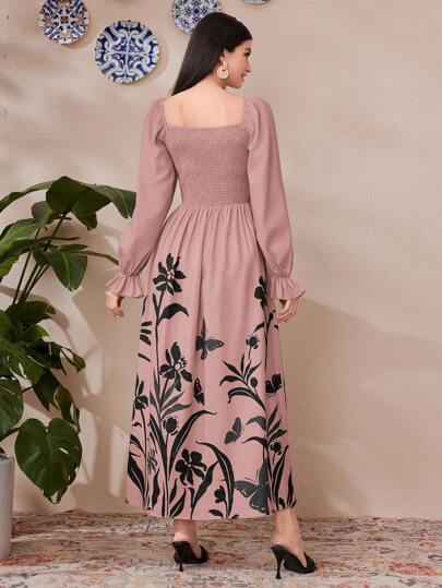 Mulvari فستان نسائي عنق مربع أكمام فانوس زهري للعطلات الربيعية / الصيفية