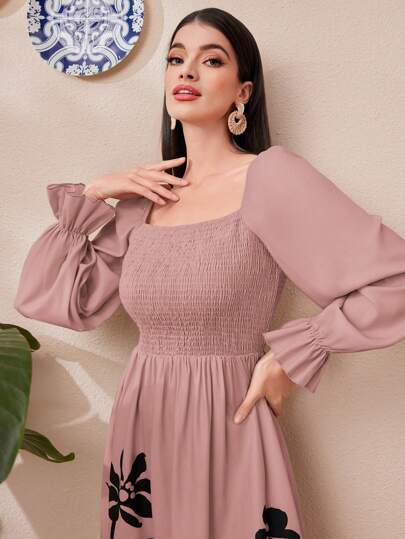 Mulvari فستان نسائي عنق مربع أكمام فانوس زهري للعطلات الربيعية / الصيفية