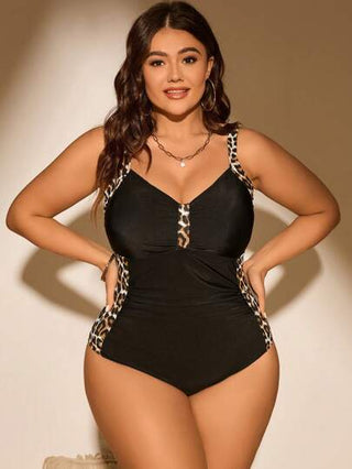 Swim Lushoire بدلة سباحة كاملة مبتزة مطبوعة بنمط النمر للنساء من فئة البدناء - موسم الصيف