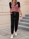 SHEIN LUNE مجموعة قطعتين عارضة للنساء لصيف 2021 - بلوزة نسائية برقبة V وأكمام قصيرة منتفخة بلونين، وسراويل نسائية واسعة بخصر قابل للشد وجيوب بتصميم عصري
