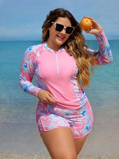 Swim SPRTY مجموعة حمالة راش جارد نصف سحاب، بمقاس زائد، وطبعة رسومات متباينة للشاطئ في الصيف