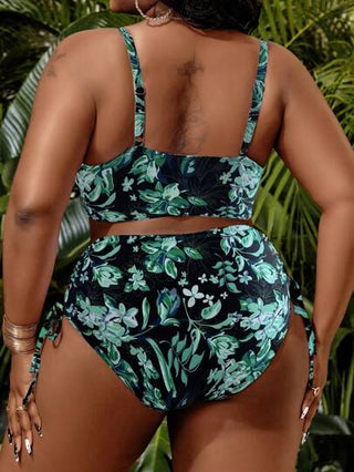 SHEIN Swim Curve مجموعة بكيني بحرية صيفية مقاس كبير طباعة نباتات، حمالة صدر متداخلة وجزء سفلي بجانب مربوط