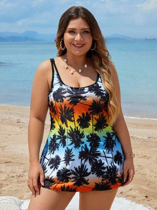 طقم تانكيني حريمي Swim Lushoire مجموعة تانكيني بنمط طباعة شجرة جوز الهند وتدرج الألوان للإجازات، مقاس زائد صيفية على الشاطئ
