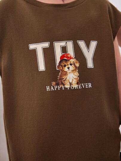 مجموعة طفل صبي شبه رسمية بتصميم كوري بطباعة حيوانات وحروف وبلوزة بدون أكمام، شورت بلون سادة، 2 قطعة من الصوف مع جيوب