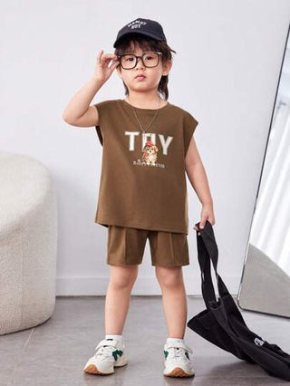 مجموعة طفل صبي شبه رسمية بتصميم كوري بطباعة حيوانات وحروف وبلوزة بدون أكمام، شورت بلون سادة، 2 قطعة من الصوف مع جيوب