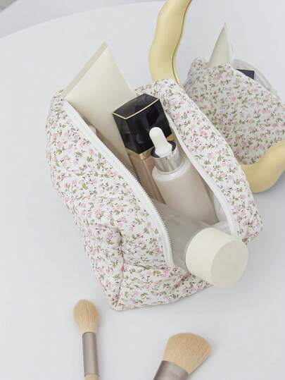 حقيبة مكياج مبطنة بزهور زيبر، حقيبة تخزين مزينة بطباعة الزهور، حقيبة اكسسوارات للمكياج، حقيبة تجميل للسفر والمدرسة، حقيبة مستحضرات تجميل ذات سعة كبيرة، مستلزمات الأعياد والشتاء، أداة تنظيم المكياج