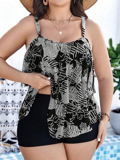 Swim Lushoire طقم تانكيني بطبعة نباتية للنساء بمقاس الزائد لإجازة الصيف في الشاطئ