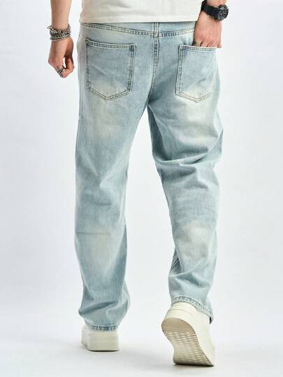 Manfinity Homme جينز رجالي أزرق مستقيم غير مغسول بجيوب مائلة موضة عارضة شارعية عريض و طويل و مريح بتفاصيل حقيبة كاجوال باللون التيل المناسب للخروجات و الموسيقى هيب هوب