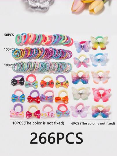 مجموعة مكونة من 266قطعة من لاصقات الشعر الملونة للفتيات، اكسسوارات شعر جميلة على شكل أحزمة شعر، مجموعة مطاطية من الشرائط لتصفيف الشعر المرفوع