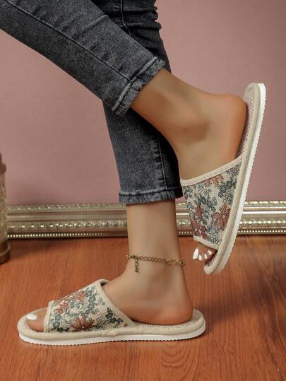 شبشب منزلي نسائي من الكتان، شبشب داخلي سميك المنعطفات المانع للانزلاق للسيدات، حذاء منزلي ذو نعل ناعم للصيفرمضان