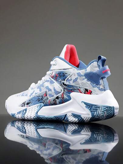 أحذية رياضية مطاطية متوسطة القرون، أحذية كرة السلة للرجال/الأطفال الكبار، أحذية شارع وموضة عصرية مع تنفس مريح (نمط اللوحة العشوائي)