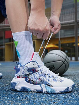 أحذية رياضية مطاطية متوسطة القرون، أحذية كرة السلة للرجال/الأطفال الكبار، أحذية شارع وموضة عصرية مع تنفس مريح (نمط اللوحة العشوائي)