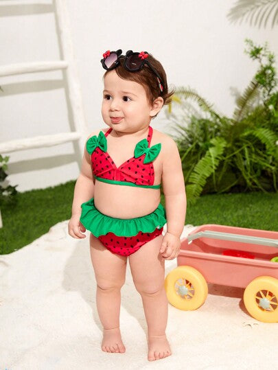 ملابس سباحة مطبوعة بنمط البطيخ وزينت بعقدة للرضعة البناتية