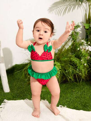 ملابس سباحة مطبوعة بنمط البطيخ وزينت بعقدة للرضعة البناتية