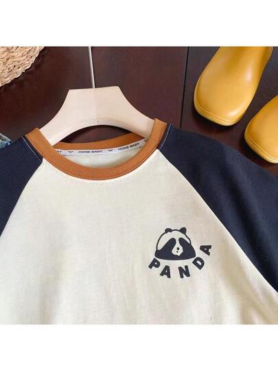 تي شيرت صغير بأكمام قصيرة للأولاد، تي شيرت موسمي جديد لصيف عام 2024 للأطفال، مبطن بوسادة الكتف للفتيان، رسوم متحركة للباندا، نمط عارض متناقض بأكمام قصيرة عارضة