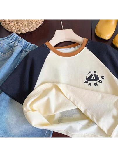 تي شيرت صغير بأكمام قصيرة للأولاد، تي شيرت موسمي جديد لصيف عام 2024 للأطفال، مبطن بوسادة الكتف للفتيان، رسوم متحركة للباندا، نمط عارض متناقض بأكمام قصيرة عارضة