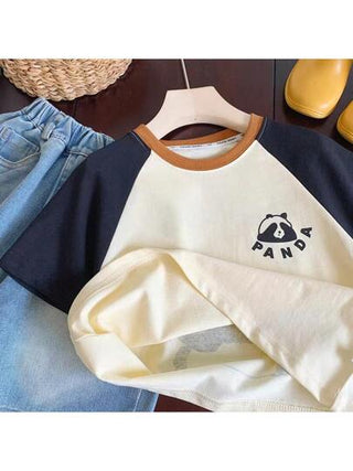 تي شيرت صغير بأكمام قصيرة للأولاد، تي شيرت موسمي جديد لصيف عام 2024 للأطفال، مبطن بوسادة الكتف للفتيان، رسوم متحركة للباندا، نمط عارض متناقض بأكمام قصيرة عارضة