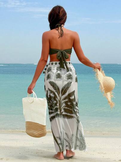 Swim Vcay مجموعة بيكيني بطابع ستايل العطلة المطبوعة للنساء مع تنورة كوفر أب سكيرت