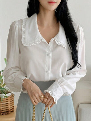 DAZY قميص نسائي بأكمام طويلة فضفاض بياقة بيتر بان مفتوح الأمام، ملابس علوية بأكمام طويلة للصيف