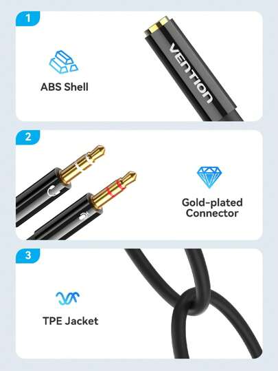 معزز للسماعة والميكروفون من VENTION، محول صوت مقسم Y من ذكر 3.5 مم إلى أنثى 3.5 مم مزدوجة، ملحق سماعات مستقيم لأنظمة CTIA لأجهزة الكمبيوتر والمحولات والأجهزة المحمولة وأجهزة PS4 والألعاب