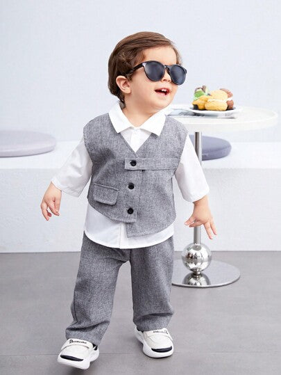 طقم ملابس رضيع للأولاد 3 قطع بجيب جانبي وسترة بلا أكمام وقميص بياقة مطوية باللون الصلب وبنطلون للأوقات الفراغية