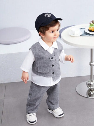 طقم ملابس رضيع للأولاد 3 قطع بجيب جانبي وسترة بلا أكمام وقميص بياقة مطوية باللون الصلب وبنطلون للأوقات الفراغية