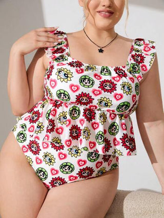 THE POWERPUFF GIRLS X SHEIN ملابس سباحة تانكيني مطبوعة برسوم كرتونية مع كشكشة للإجازات والأوقات الكاجوال بحجم كبير, صيفي