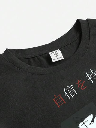 SHEIN تي شيرت قصير الأكمام للأولاد المراهقين الكاجوال مطبوع برسوم كرتونية، مصنوع من خليط القطن، مناسب للصيف