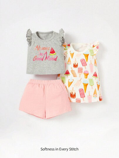 Cozy Pixies مجموعة ملابس مكونة من 3 قطع لحديثي الولادة من البنات، تشمل بلوزة بأكمام فراشية مطبوعة، شورت وفستان