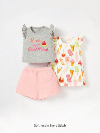 Cozy Pixies مجموعة ملابس مكونة من 3 قطع لحديثي الولادة من البنات، تشمل بلوزة بأكمام فراشية مطبوعة، شورت وفستان