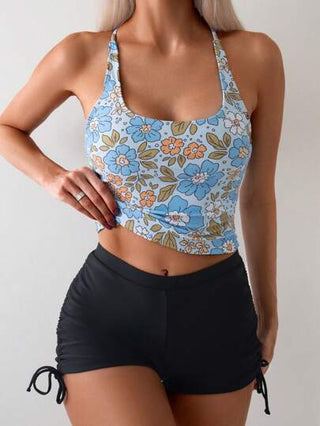 طقم تانكيني حريمي Swim Lushoire ملابس علوية بدون أكمام مطبوع بنمط زهري بالإضافة إلى شورت سباحة بلون سادة ورباط للعطلة الصيفية