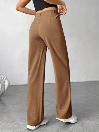 EZwear سراويل نسائية عادية باللون الأحادي عالية الخصر بتصميم ساق مستقيمة