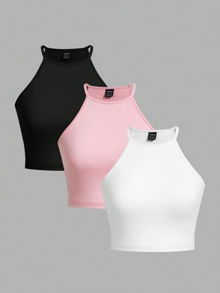 EZwear طقم قميص خزان نسائي رفيع بياقة مقعرة قطعة 3، ملائم للصيف