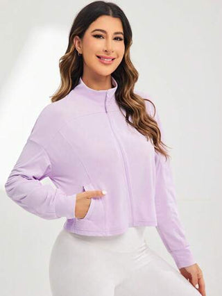 Sport Studio سترة رياضية عارضة للنساء بياقة قائمة واكمام طويلة واكتاف منسدلة ولون سادة