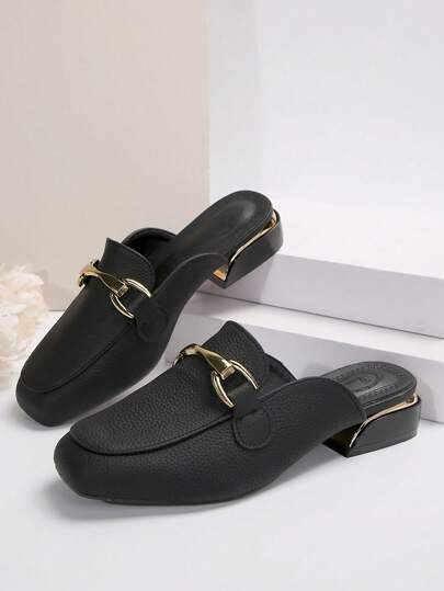 أحذية نسائية سهلة الارتداء بإبزيم معدني، بنعل مربع أنيق وجلد لامع، أحذية لوفر نسائية عصرية بدون ظهر، أحذية كاجوال مسطحة مناسبة لجميع المواسم