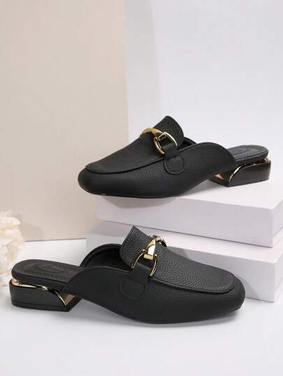 أحذية نسائية سهلة الارتداء بإبزيم معدني، بنعل مربع أنيق وجلد لامع، أحذية لوفر نسائية عصرية بدون ظهر، أحذية كاجوال مسطحة مناسبة لجميع المواسم