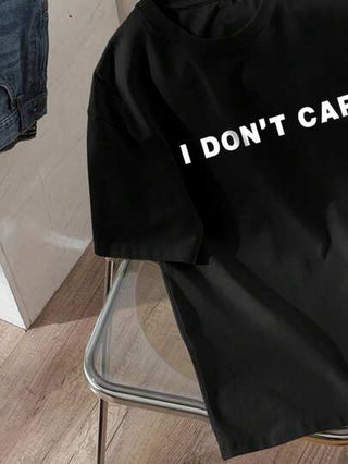 LUNE تي شيرت نسائي بياقة دائرية منتظم مزين بعبارة 'I Don't Care' مطبوعة عليه، مناسب للصيف I DON'T CARE